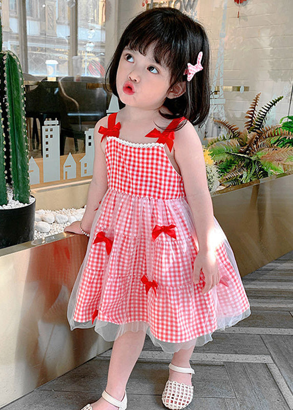 Red Plaid Patchwork Tulle Kids Slip Long Dress Summer