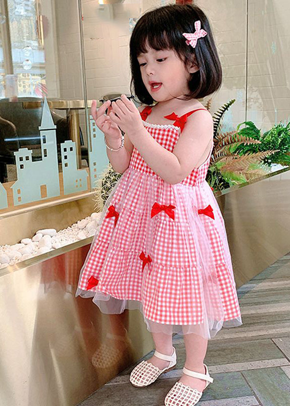 Red Plaid Patchwork Tulle Kids Slip Long Dress Summer