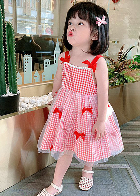 Red Plaid Patchwork Tulle Kids Slip Long Dress Summer