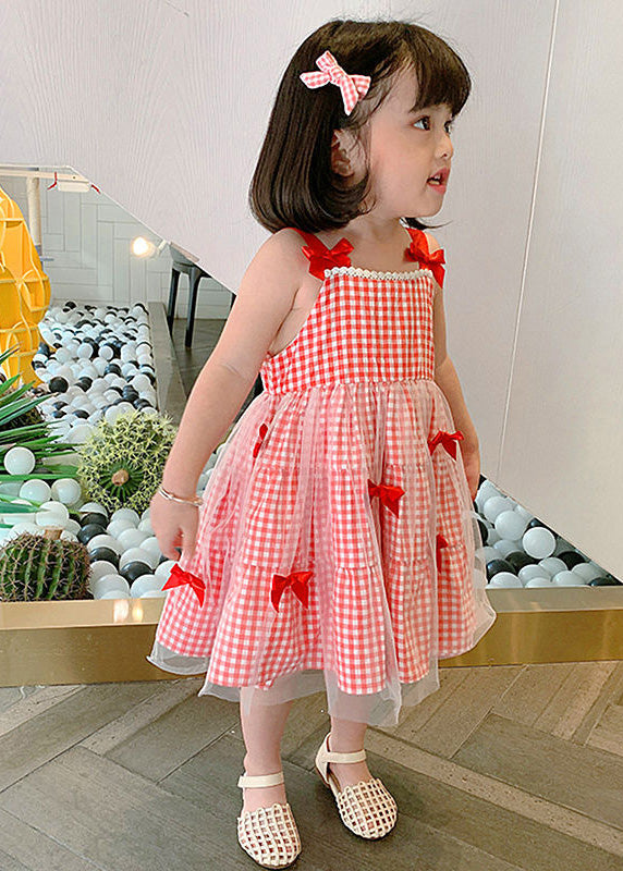 Red Plaid Patchwork Tulle Kids Slip Long Dress Summer