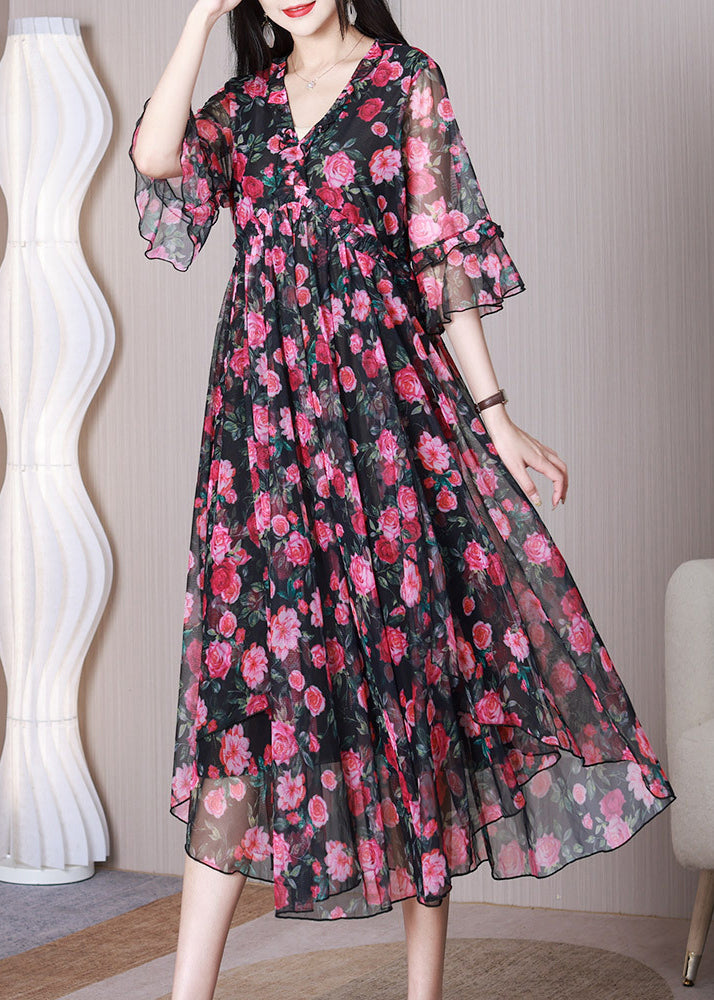 Red Print Ruffled Chiffon Long Dress Half Sleeve