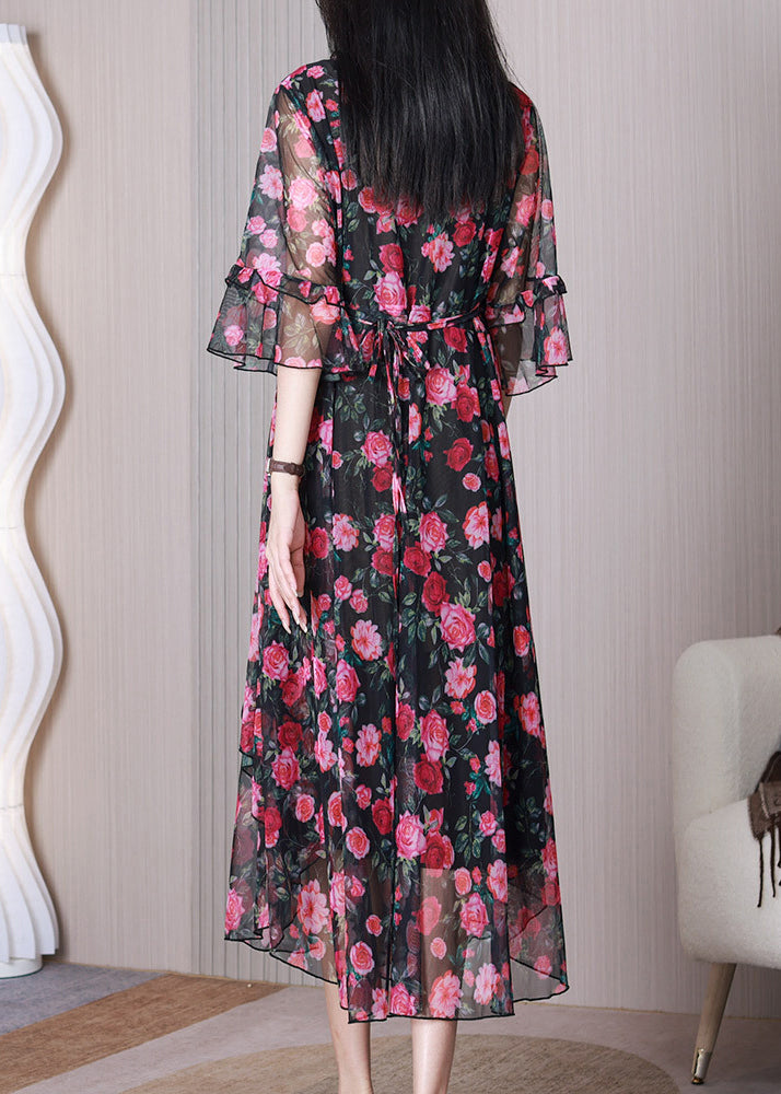 Red Print Ruffled Chiffon Long Dress Half Sleeve