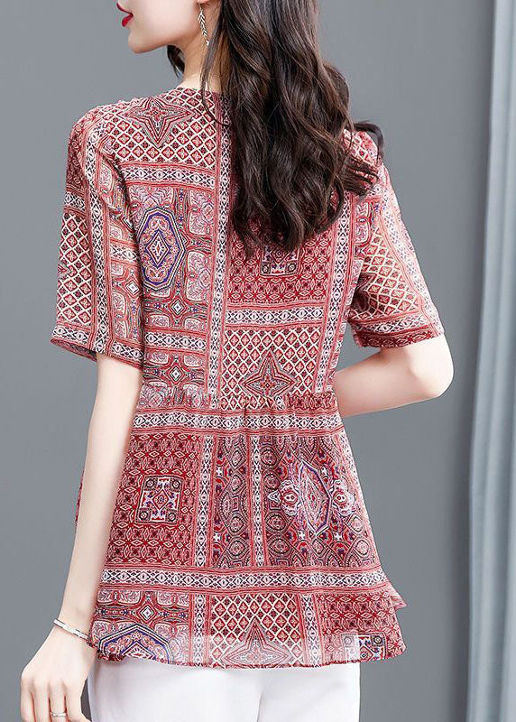 Red Print Wrinkled Chiffon Blouse Top Summer