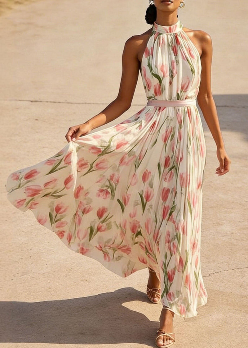 Red Print Wrinkled Chiffon Dresses Sleeveless