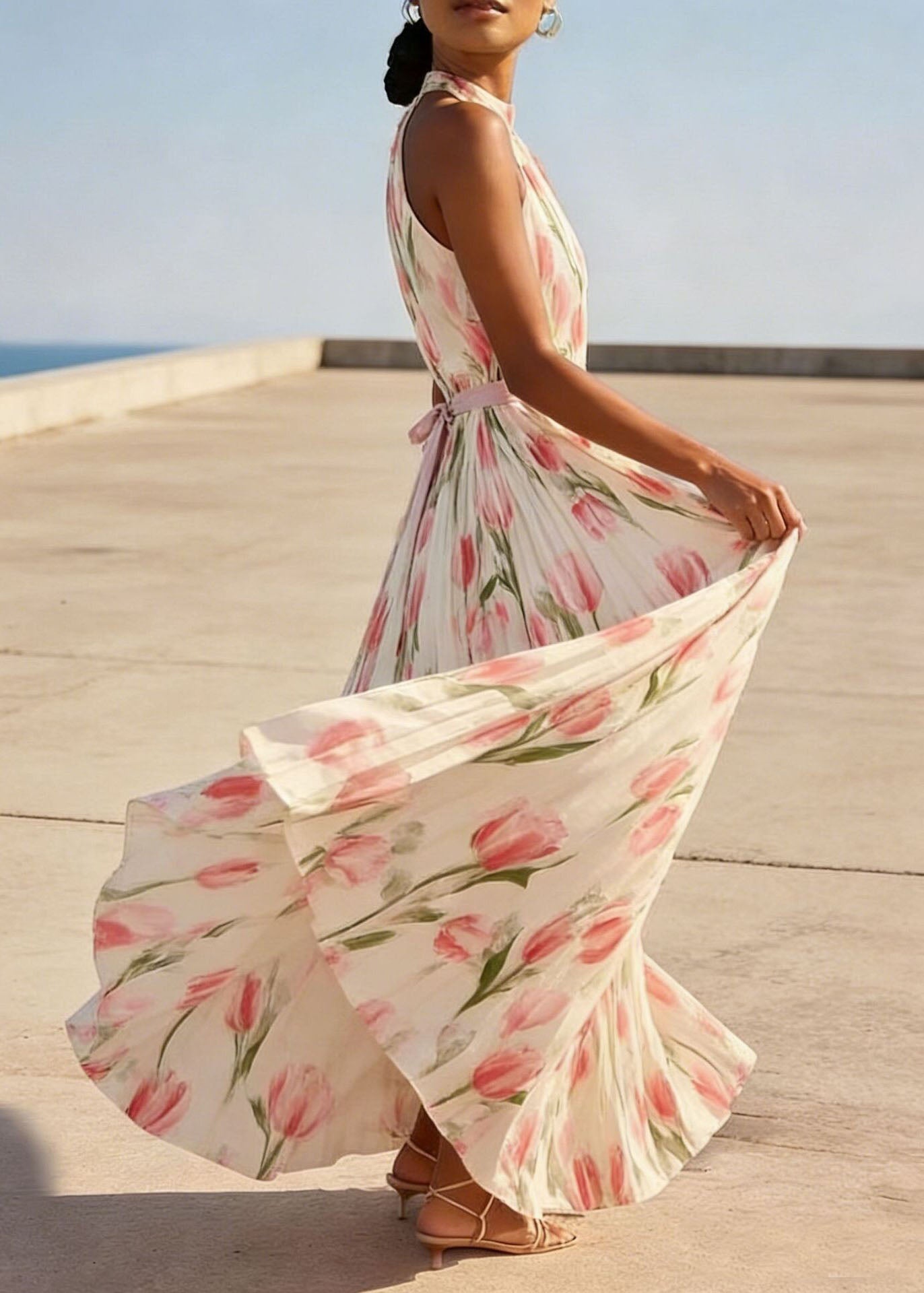 Red Print Wrinkled Chiffon Dresses Sleeveless