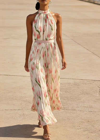 Red Print Wrinkled Chiffon Dresses Sleeveless