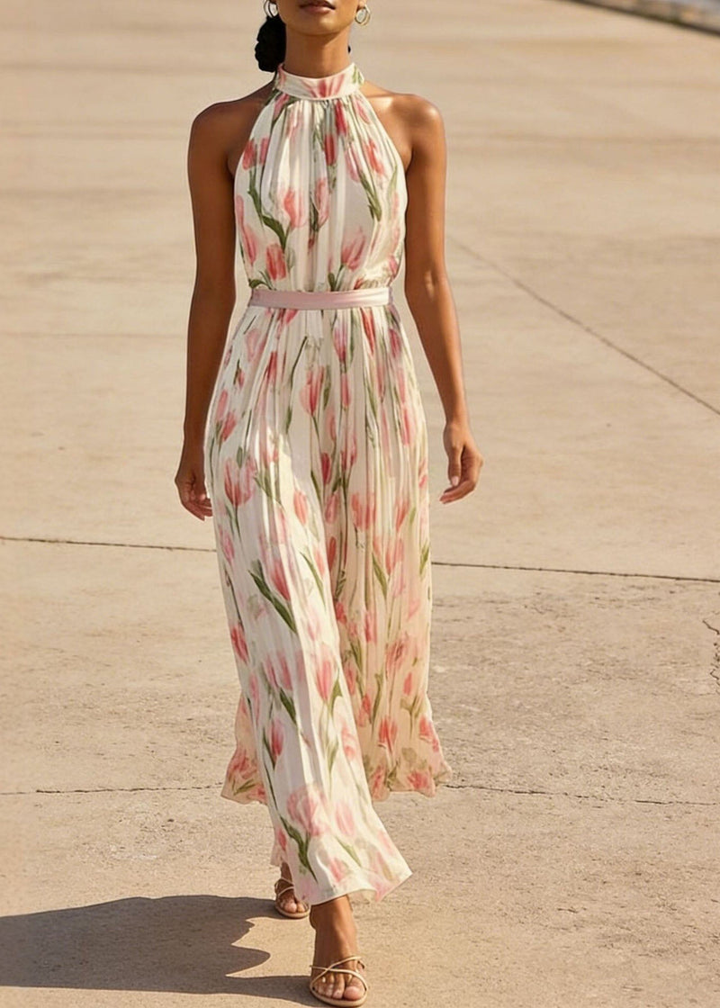 Red Print Wrinkled Chiffon Dresses Sleeveless