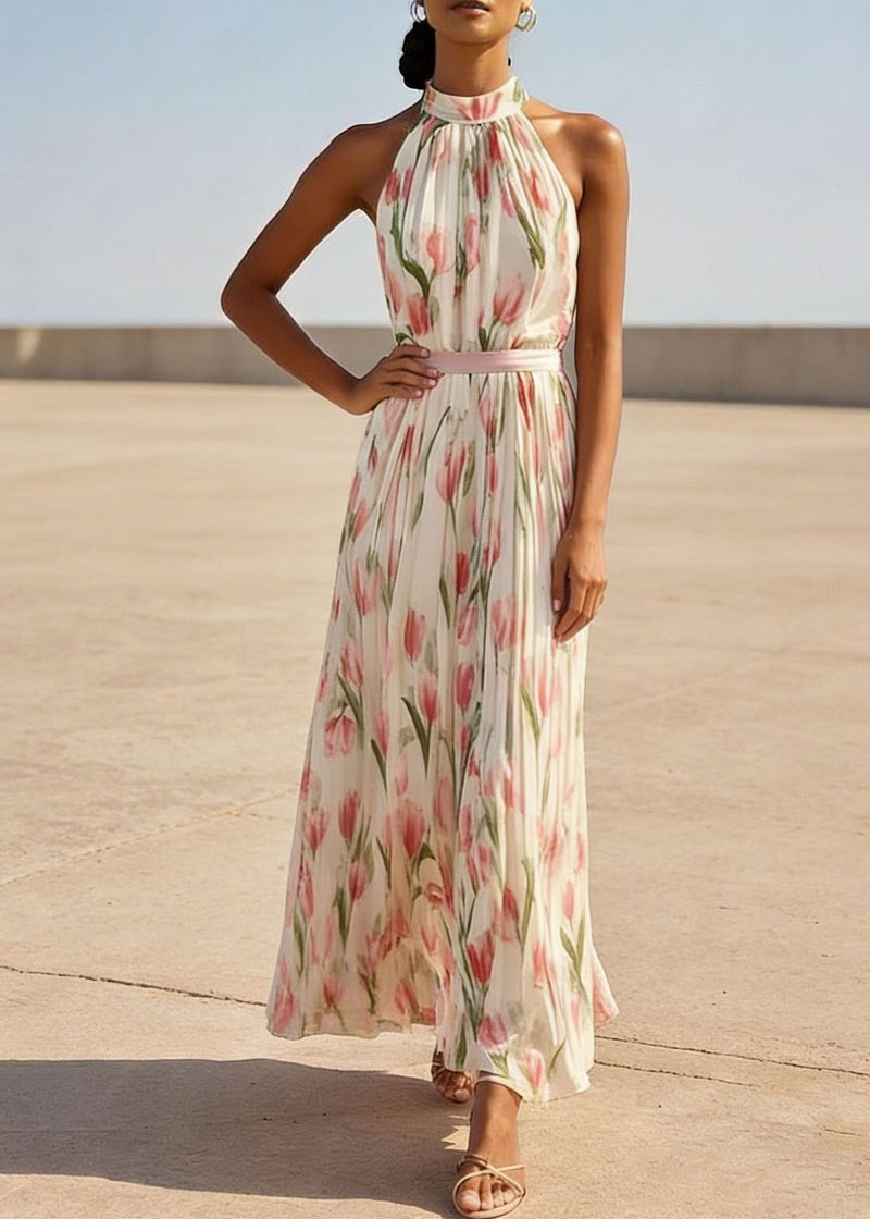Red Print Wrinkled Chiffon Dresses Sleeveless