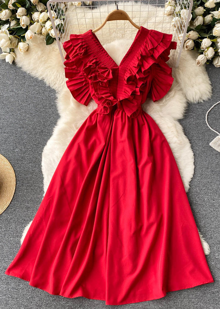 Red Ruffled Button Cotton Dress Summer