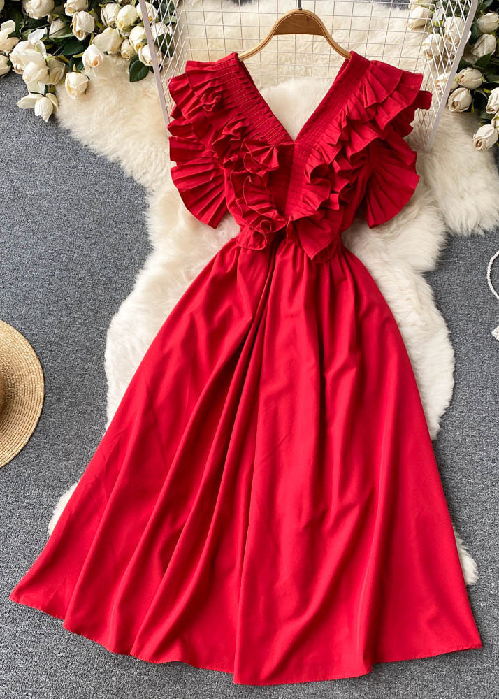 Red Ruffled Button Cotton Dress Summer