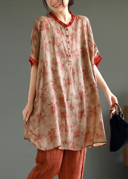 Red Ruffled Print Patchwork Linen Mid Dress Summer