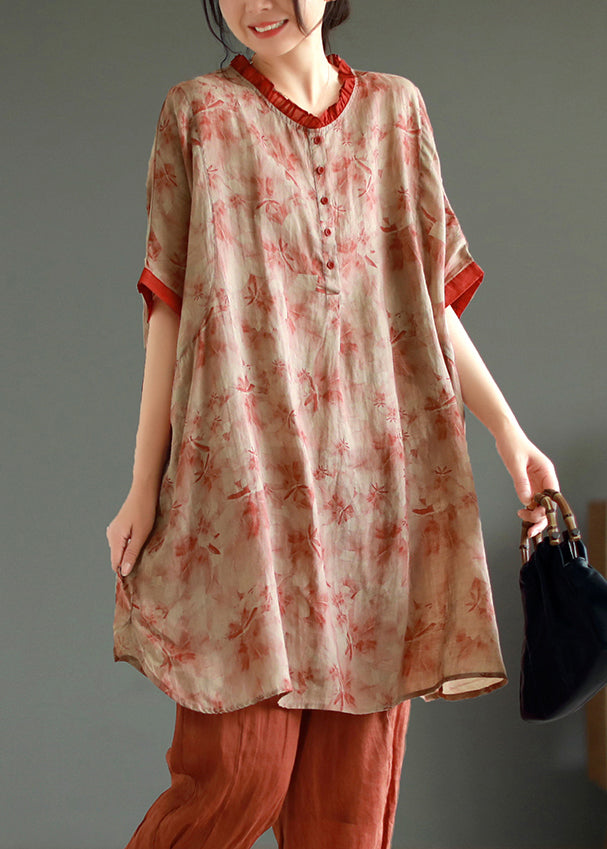 Red Ruffled Print Patchwork Linen Mid Dress Summer