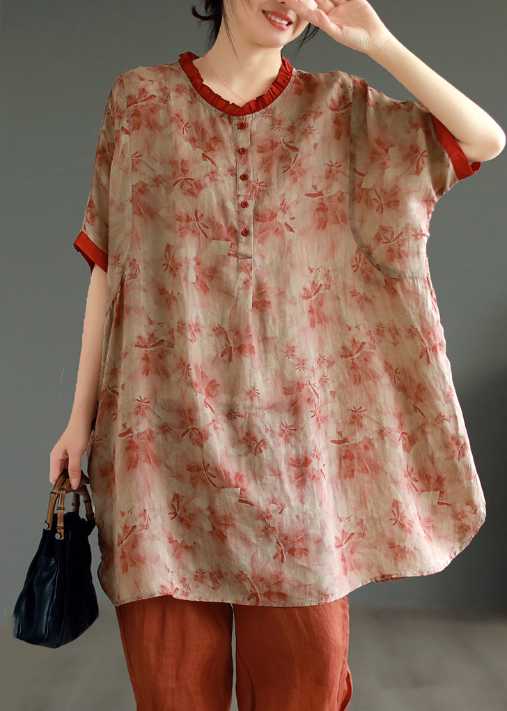 Red Ruffled Print Patchwork Linen Mid Dress Summer