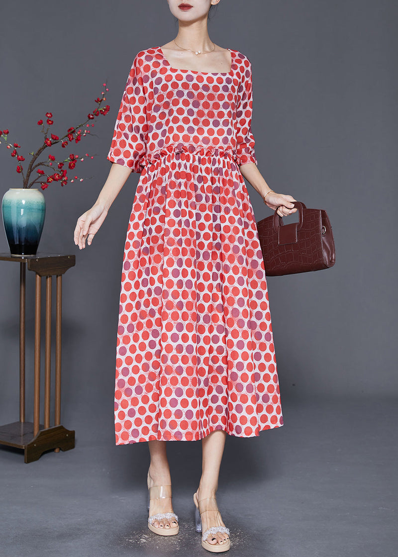 Red Square Collar Ruffled Print Robe Dresses Half Sleeve