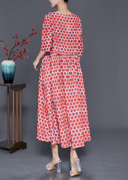 Red Square Collar Ruffled Print Robe Dresses Half Sleeve
