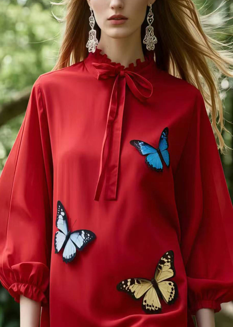 Red Tie Collar Butterfly Cotton Day Dress Summer