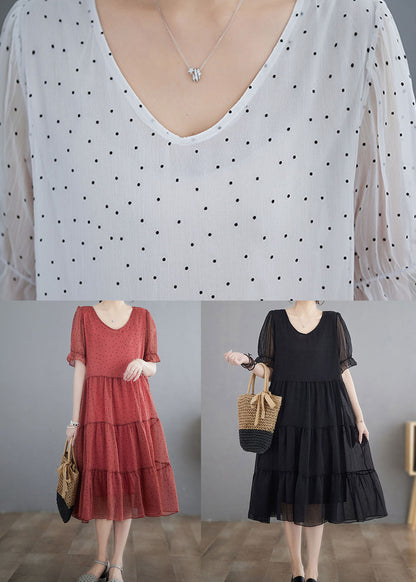 Red V Neck Dot Print Patchwork Chiffon Dresses Summer