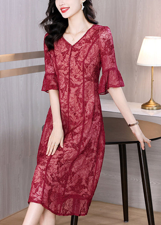Red V Neck Embroidered Silk Dress Flare Sleeve