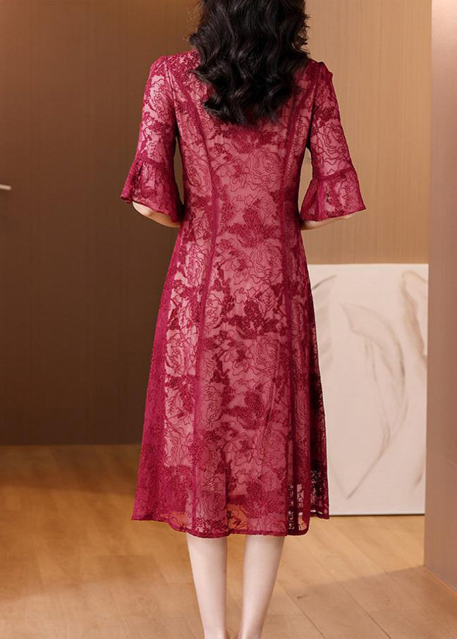 Red V Neck Embroidered Silk Dress Flare Sleeve