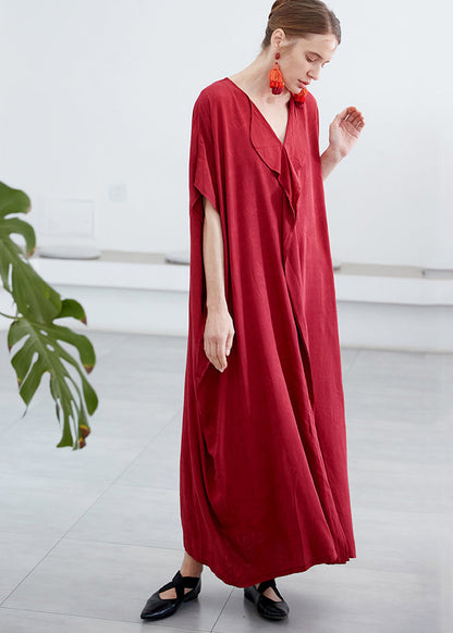 Red V Neck Jacquard Patchwork Cotton Robe Dresses Summer