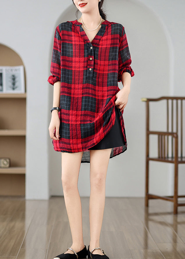 Red V Neck Plaid Linen Mid Dresses Summer