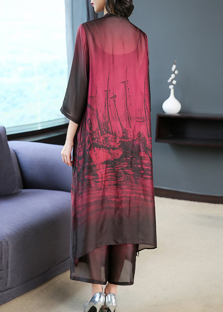 Red V Neck Print Silk Long Shirt Dress and Pants Two Pieces Set Summer