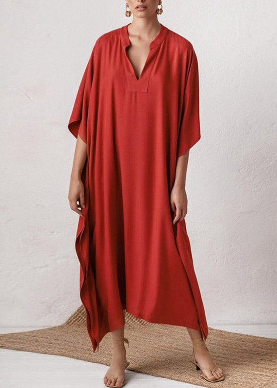 Red V Neck Side Open Party Long Dress Summer
