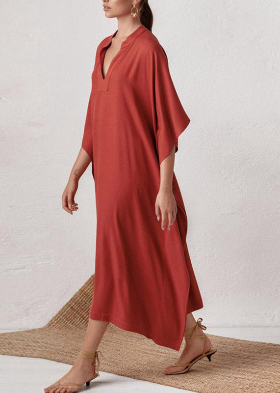 Red V Neck Side Open Party Long Dress Summer