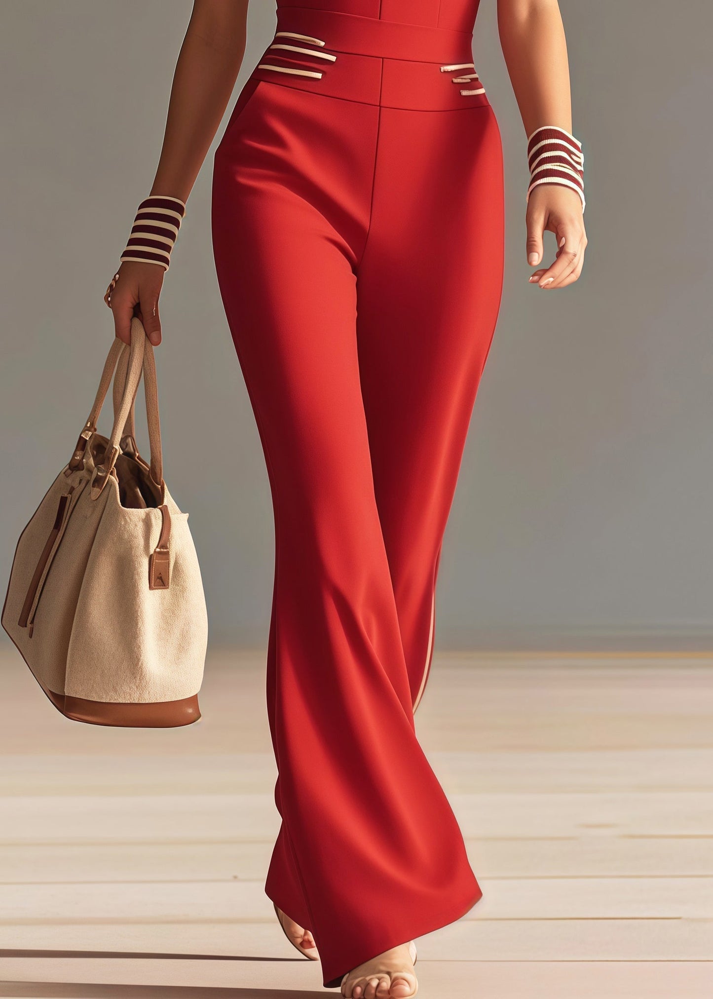 Red V Neck Silm Fit Chiffon Overalls Jumpsuit Butterfly Sleeve