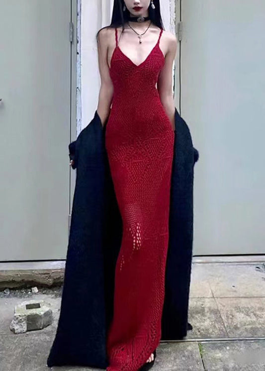 Red V Neck Knit Maxi Dress Summer