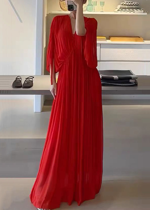 Red V Neck Wrinkled Chiffon Maxi Dress Half Sleeve