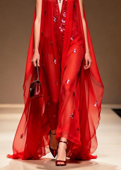 Red V Neck Zircon Patchwork Chiffon Dress Summer