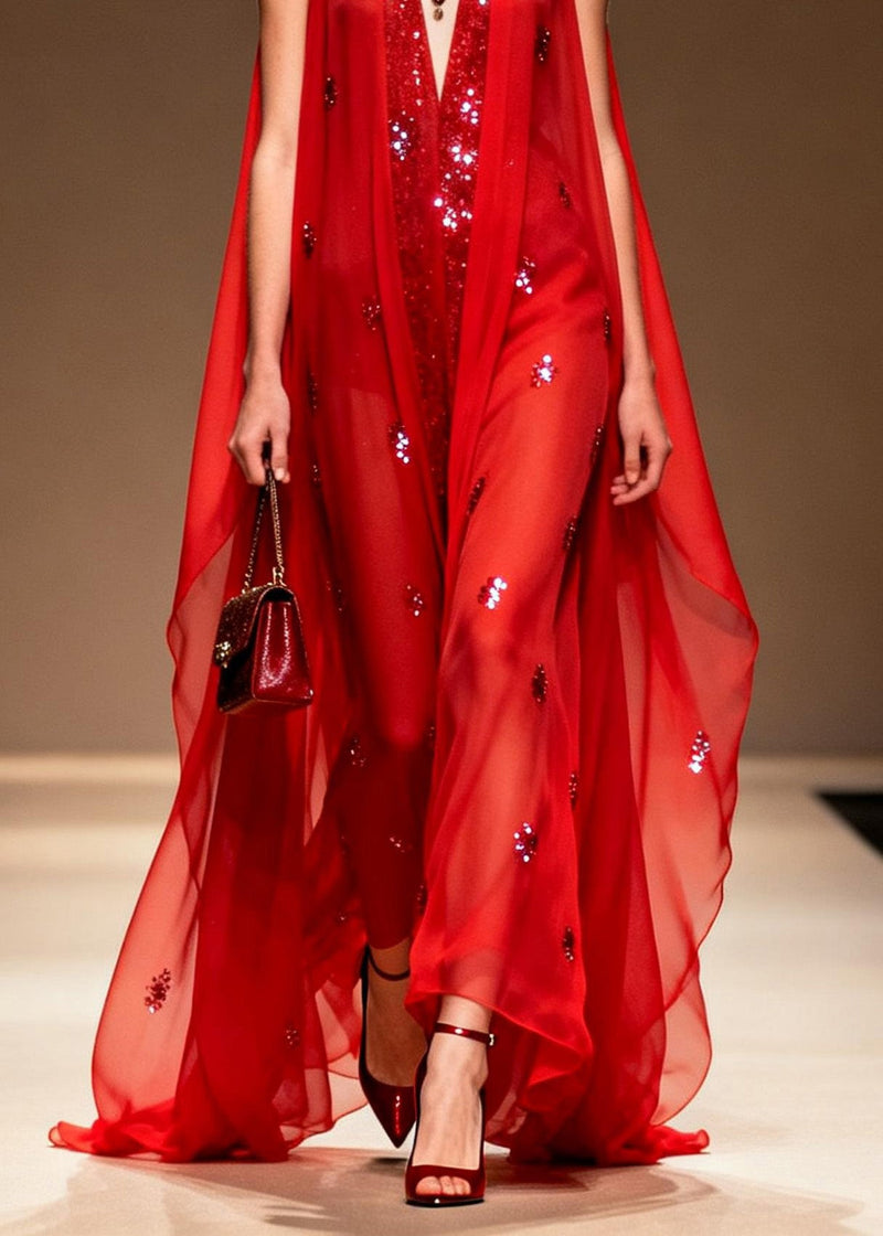 Red V Neck Zircon Patchwork Chiffon Dress Summer