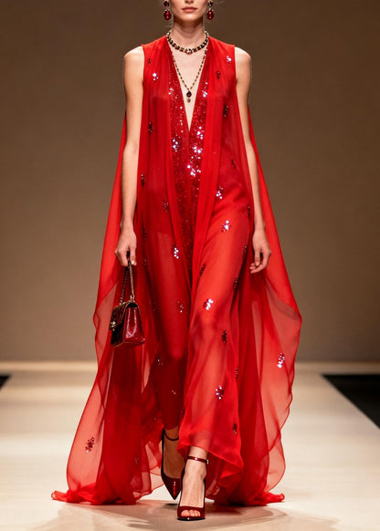 Red V Neck Zircon Patchwork Chiffon Dress Summer