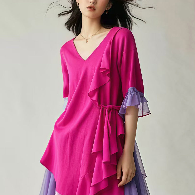 Rose Asymmetrical Patchwork Tulle Holiday Dress Summer