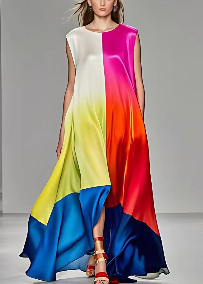 Rose Asymmetrical Pockets Silk Long Dresses Sleeveless