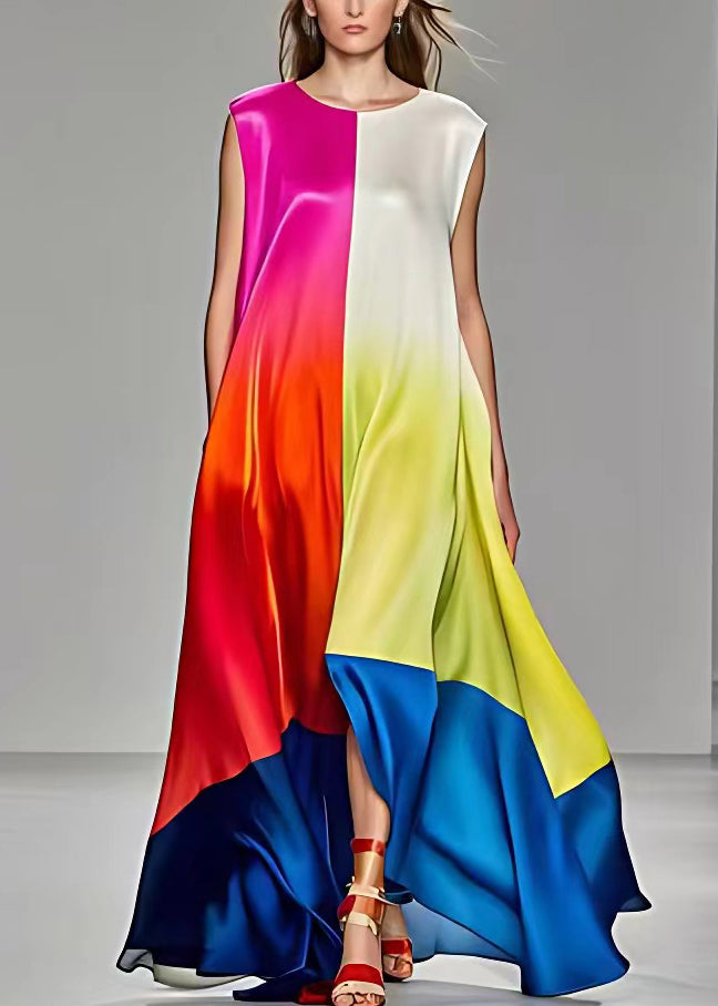 Rose Asymmetrical Pockets Silk Long Dresses Sleeveless