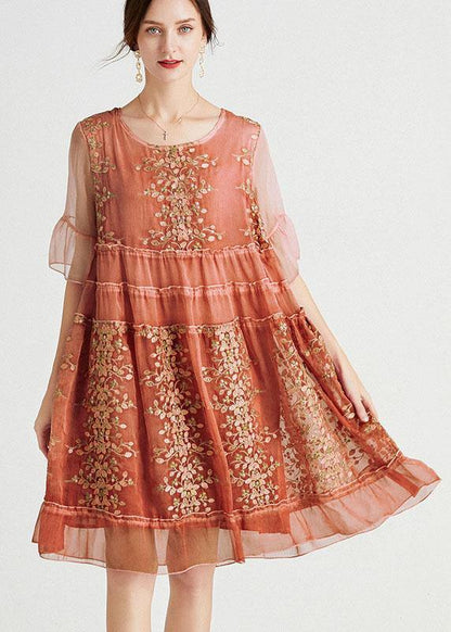 Rose Embroideried Patchwork Summer Dresses Half Sleeve