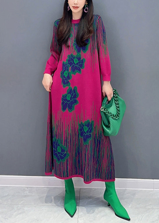 Rose O Neck Print Cozy Knit Dress Long Sleeve