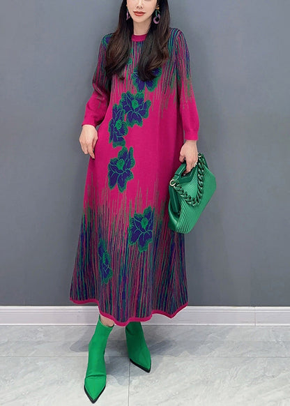 Rose O Neck Print Cozy Knit Dress Long Sleeve