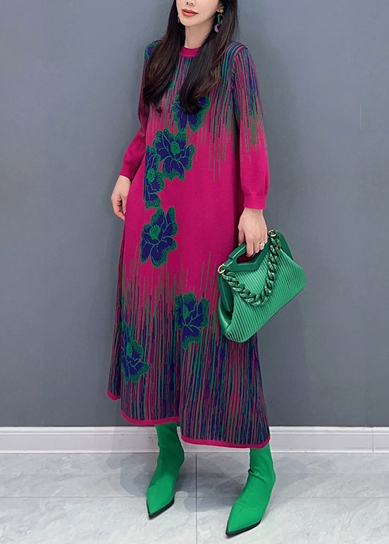 Rose O Neck Print Cozy Knit Dress Long Sleeve
