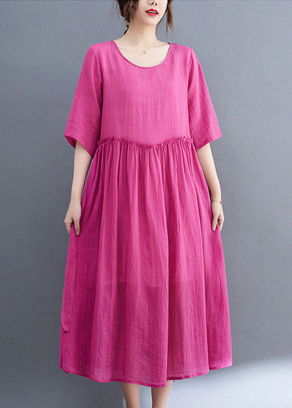 Rose O-neck Ruffled Exra Large Hem Color Linen Holiday Dress Half Sleeve