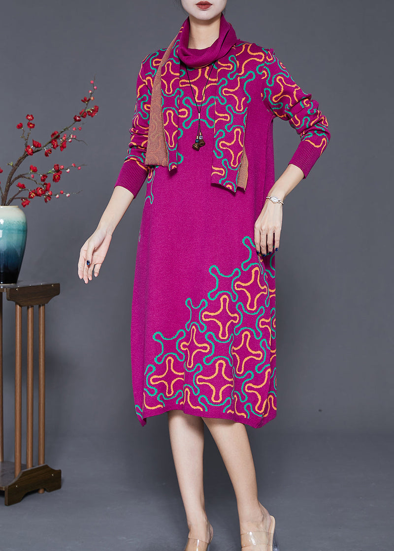 Rose Print Complimentary Scarf Knit Long Knit Dress Fall