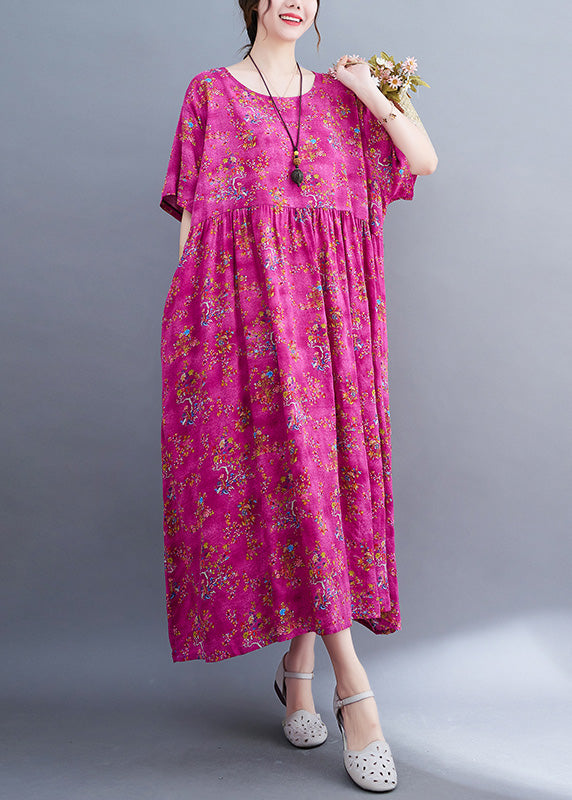 Rose Print Patchwork Cotton Cozy Long Dress Short Sleeve