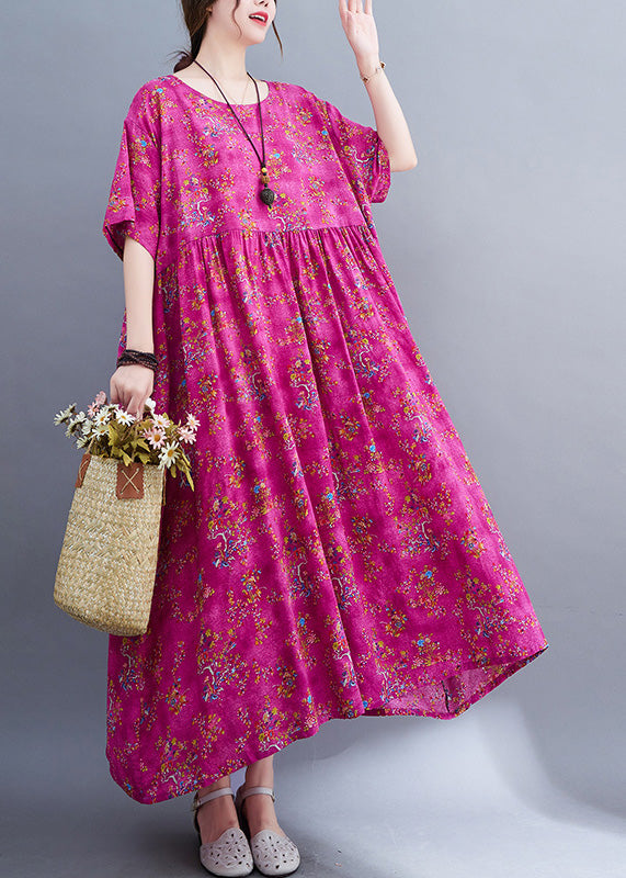 Rose Print Patchwork Cotton Cozy Long Dress Short Sleeve