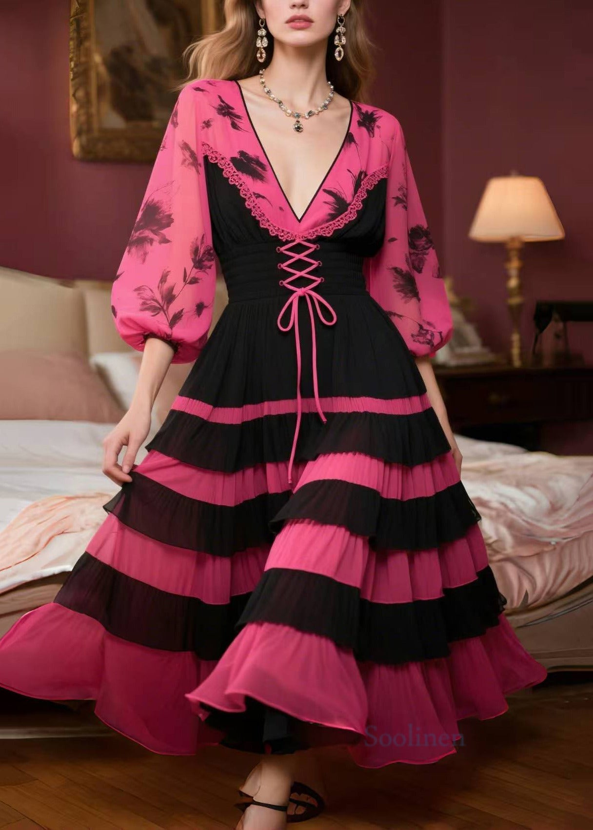 Rose Print Patchwork Exra Large Hem Chiffon Dress Lantern Sleeve