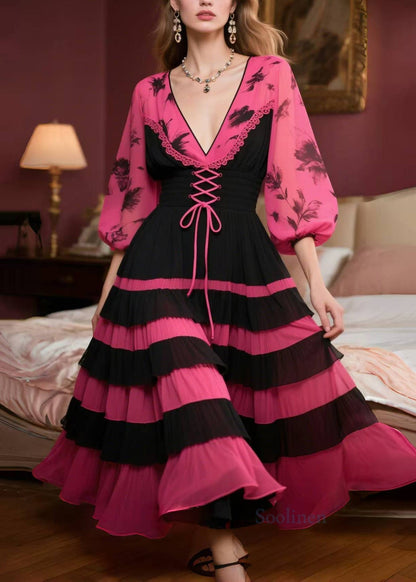 Rose Print Patchwork Exra Large Hem Chiffon Dress Lantern Sleeve