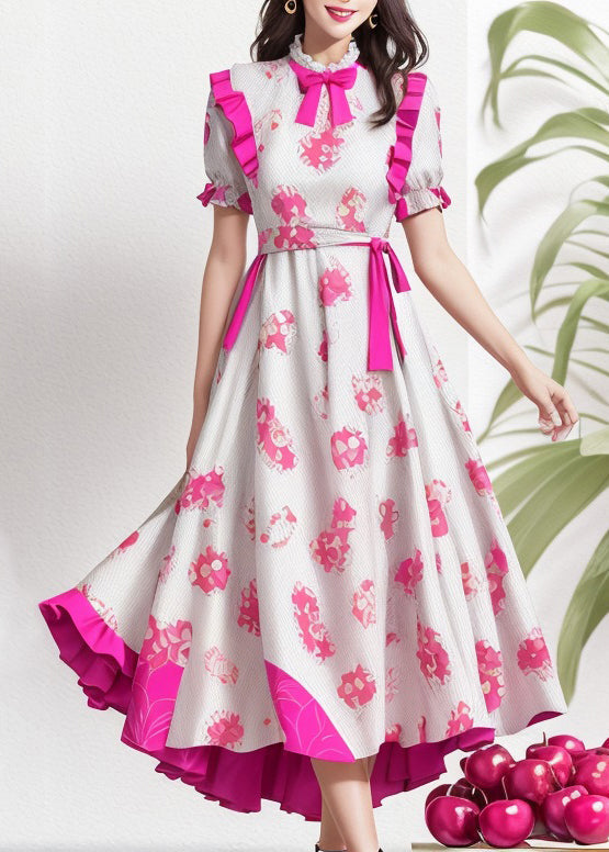 Rose Ruffled Print Patchwork Silk Dresses Summer