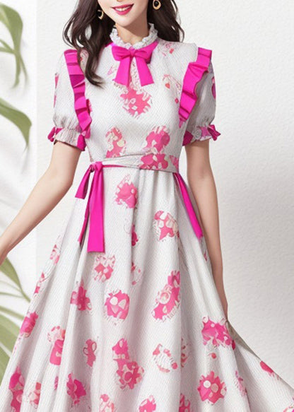 Rose Ruffled Print Patchwork Silk Dresses Summer