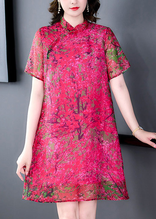 Rose Stand Collar Print Silk Mid Dress Summer